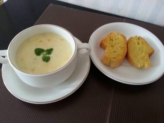 Chicken And Sweet Corn Cream Soup with French Baguette by Susianne Flo S.
